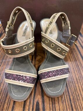 Miu miu  Women's Olive Green Glitter Strap Sandals with Beige Trim 4 inches heel